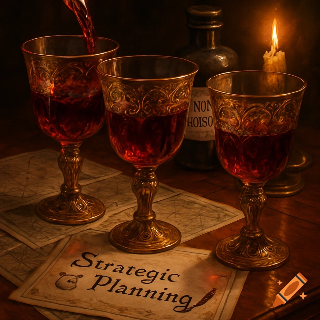 A dark still life image shows red wine being poured into a goblet, with two other filled goblets, an old bottle, and papers, all lit by a candle.