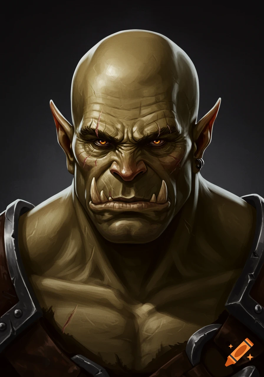 Close-up portrait of a bald, green-skinned orc barbarian with battle scars and glowing orange eyes.