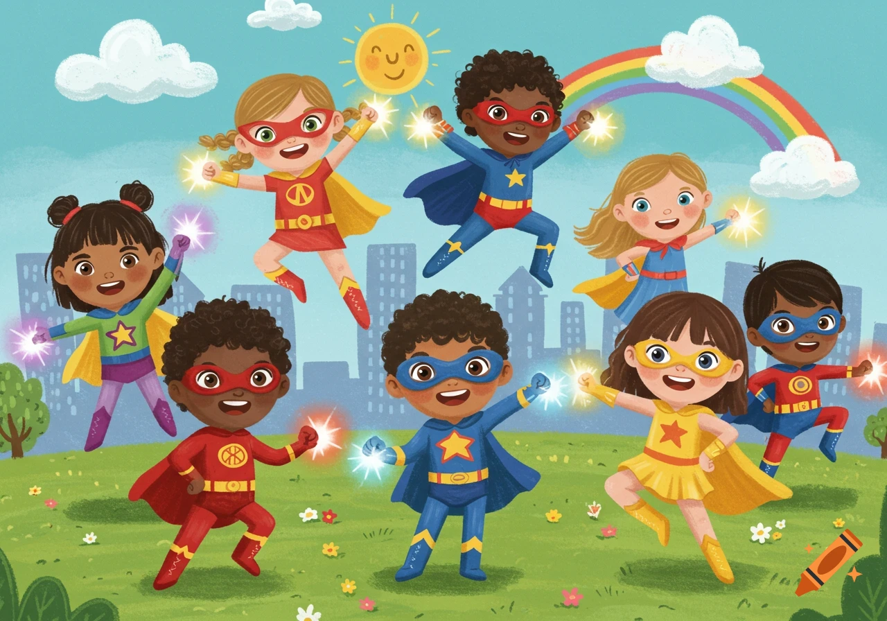Diverse superhero children in colorful costumes, some flying, some on ground, with glowing hands, in a park with cityscape and rainbow.