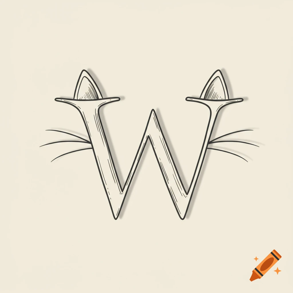 A minimalist illustration of the letter W designed with cat ears and whiskers.