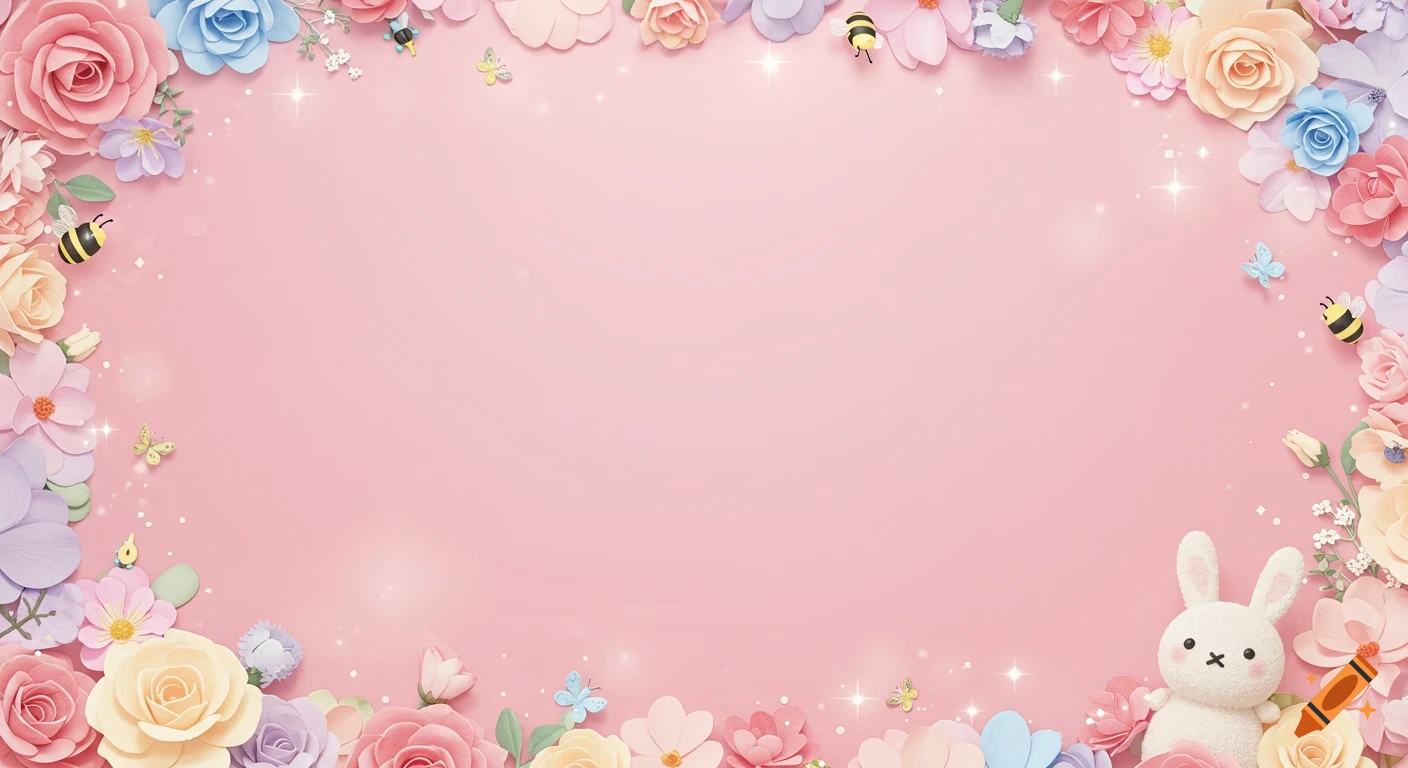 Pink background framed by pastel paper-cut flowers, bees, butterflies, and a fluffy white bunny, with sparkling light effects.