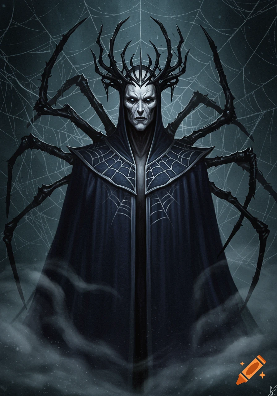 A dark fantasy portrait of a pale, gaunt figure wearing a spider-themed crown and a long black cape with spiderweb patterns.