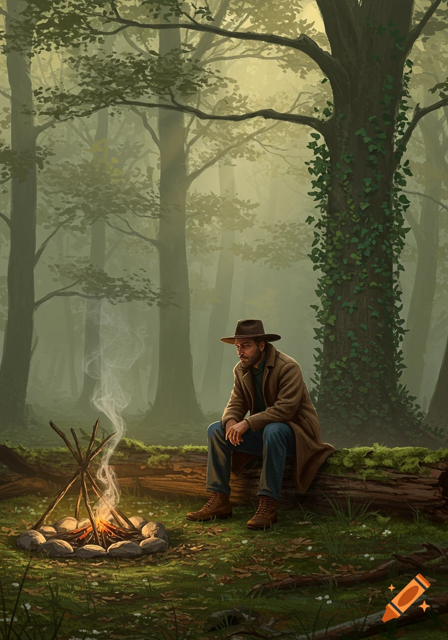 A man with a hat sits on a log by a small campfire in a misty forest, an illustration.