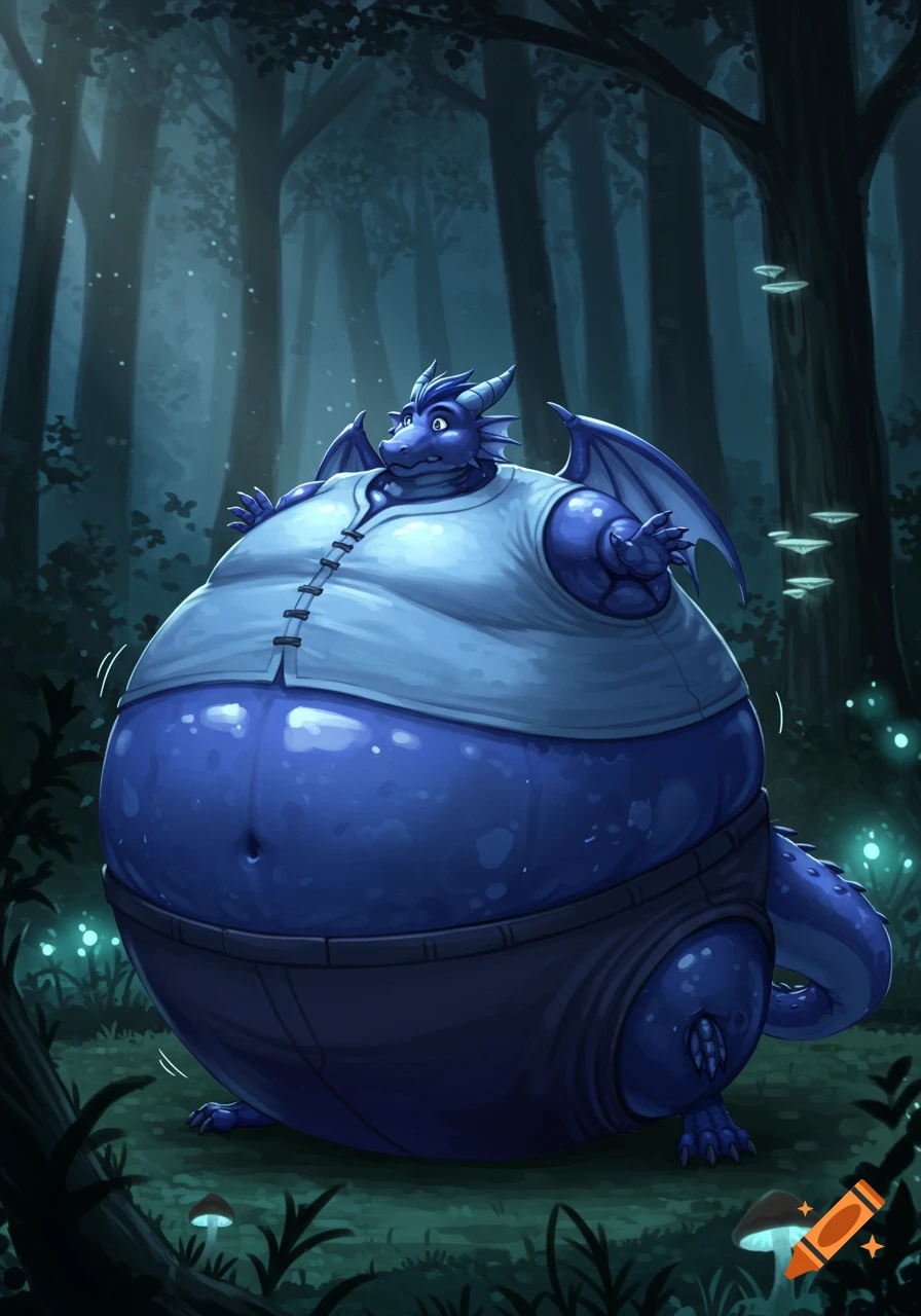 A blue dragon in a light blue shirt and dark blue pants inflates into a gigantic blueberry in a dark forest with glowing mushrooms, in a digital art style.