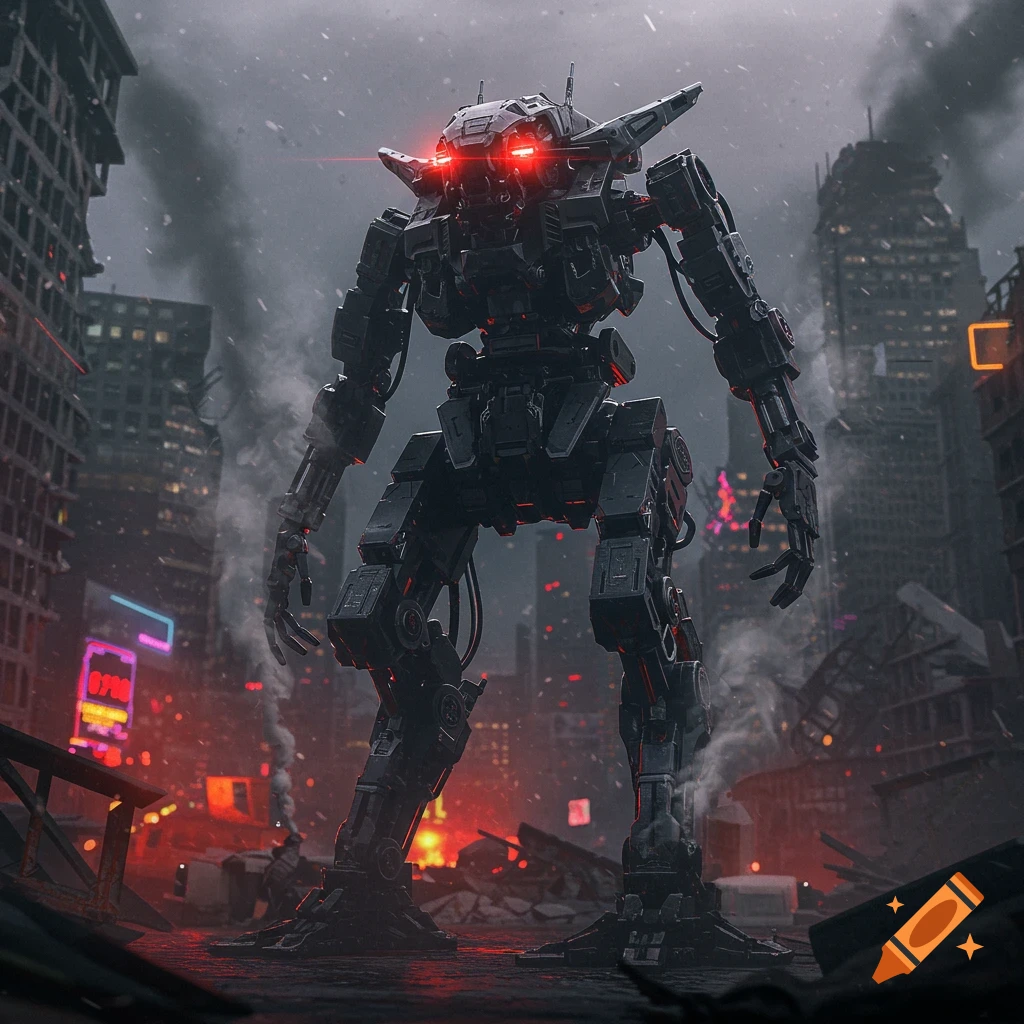 A giant dark robot with glowing red eyes stands amidst a smoky, ruined city with neon lights, in a photorealistic style.