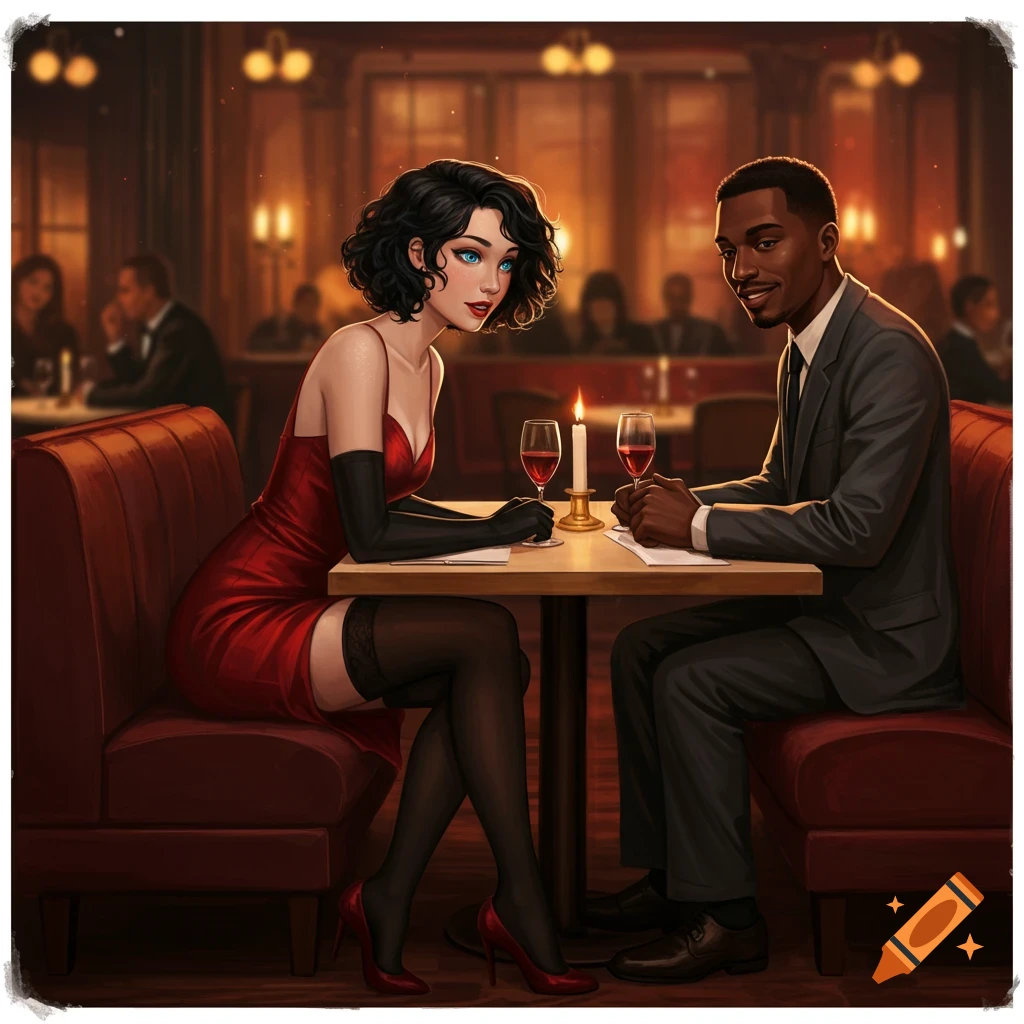 A black man and a woman in a red dress on a date at a restaurant, holding wine glasses, in a digital art style.