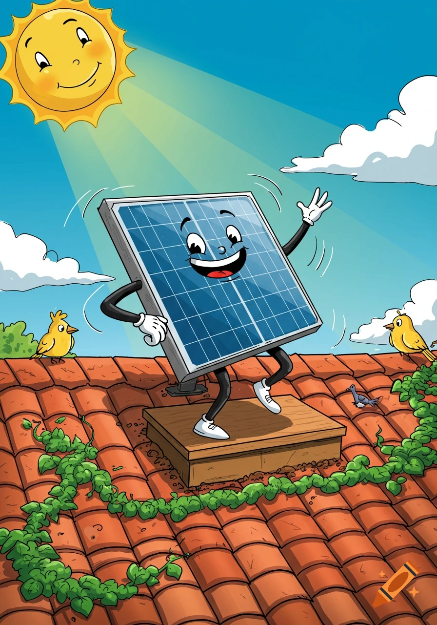 A happy cartoon solar panel character dances on a red-tiled roof under a smiling sun with birds and vines.