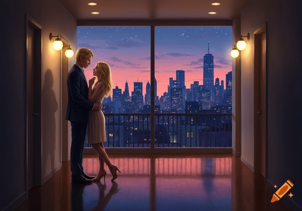 A blond man and woman embrace in a hallway overlooking a city skyline at sunset from an apartment window, digital art.
