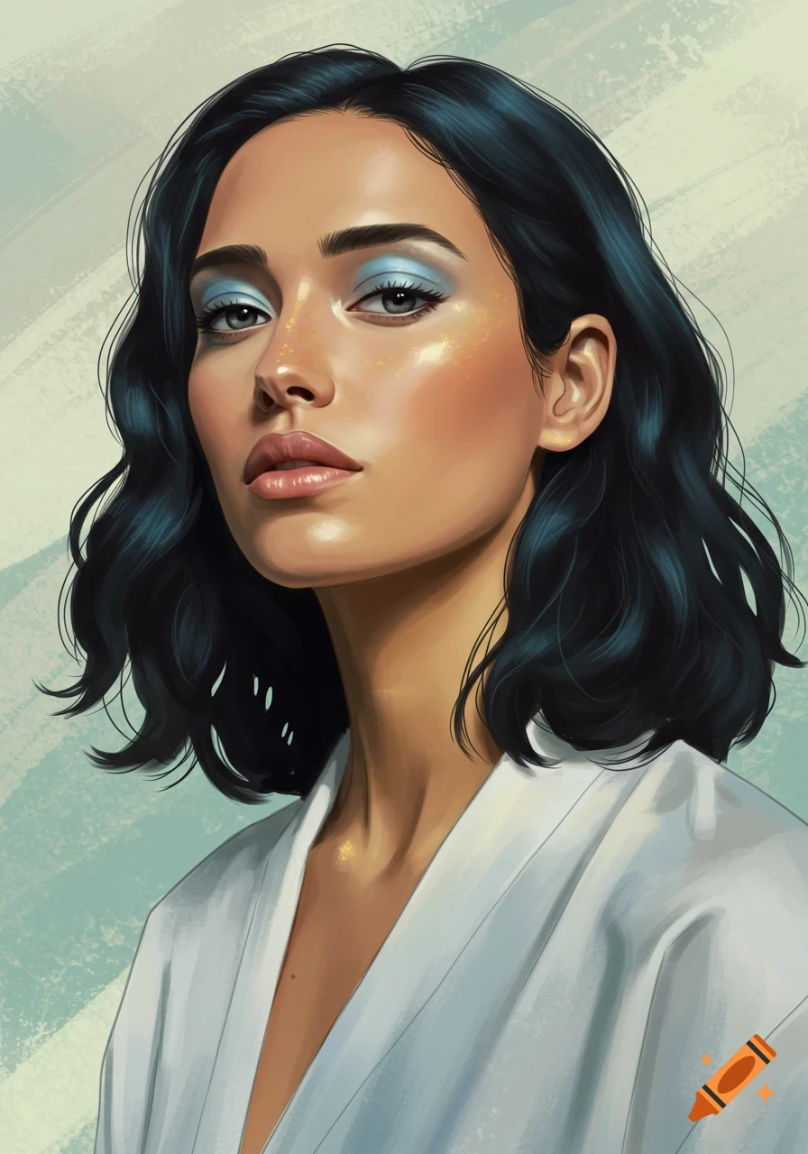 Stylized digital art portrait of a woman with dark hair, blue eyeshadow, golden flecks, and a white robe.