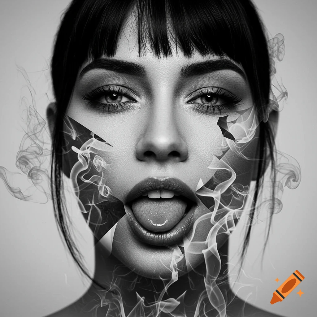 Grayscale close-up of a woman's face with bangs, mouth open and tongue out, dissolving into smoke and geometric patterns.