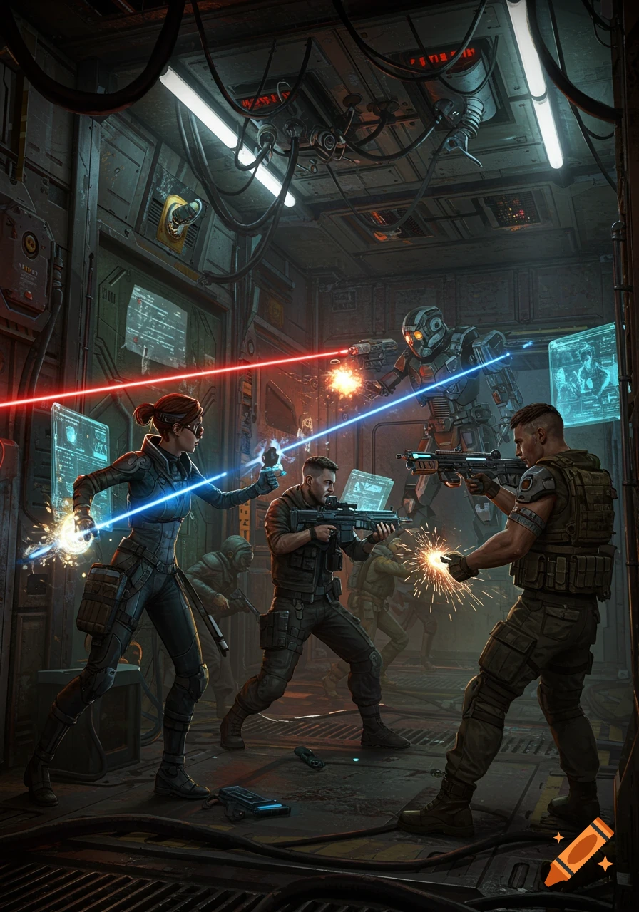 Photorealistic sci-fi scene of armed adventurers fighting a killer robot with laser beams in a dark, tech-filled room.