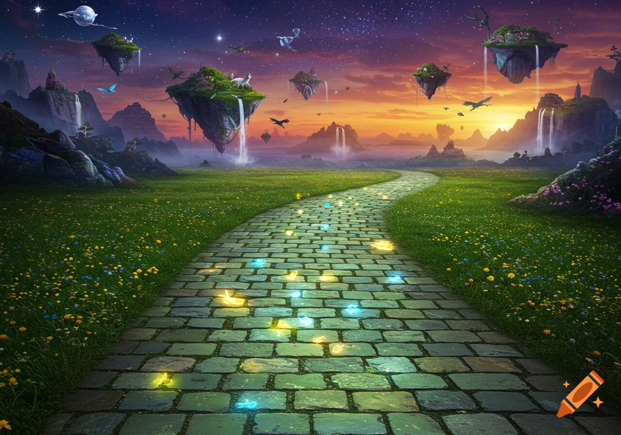 Vibrant fantasy landscape with a glowing cobblestone path through wildflowers, floating islands with waterfalls, under a sunset and starry sky.