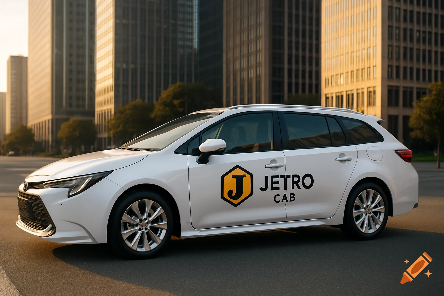 A white Toyota Corolla estate car with a yellow and black 'JETRO CAB' logo parked on a city street with tall buildings.