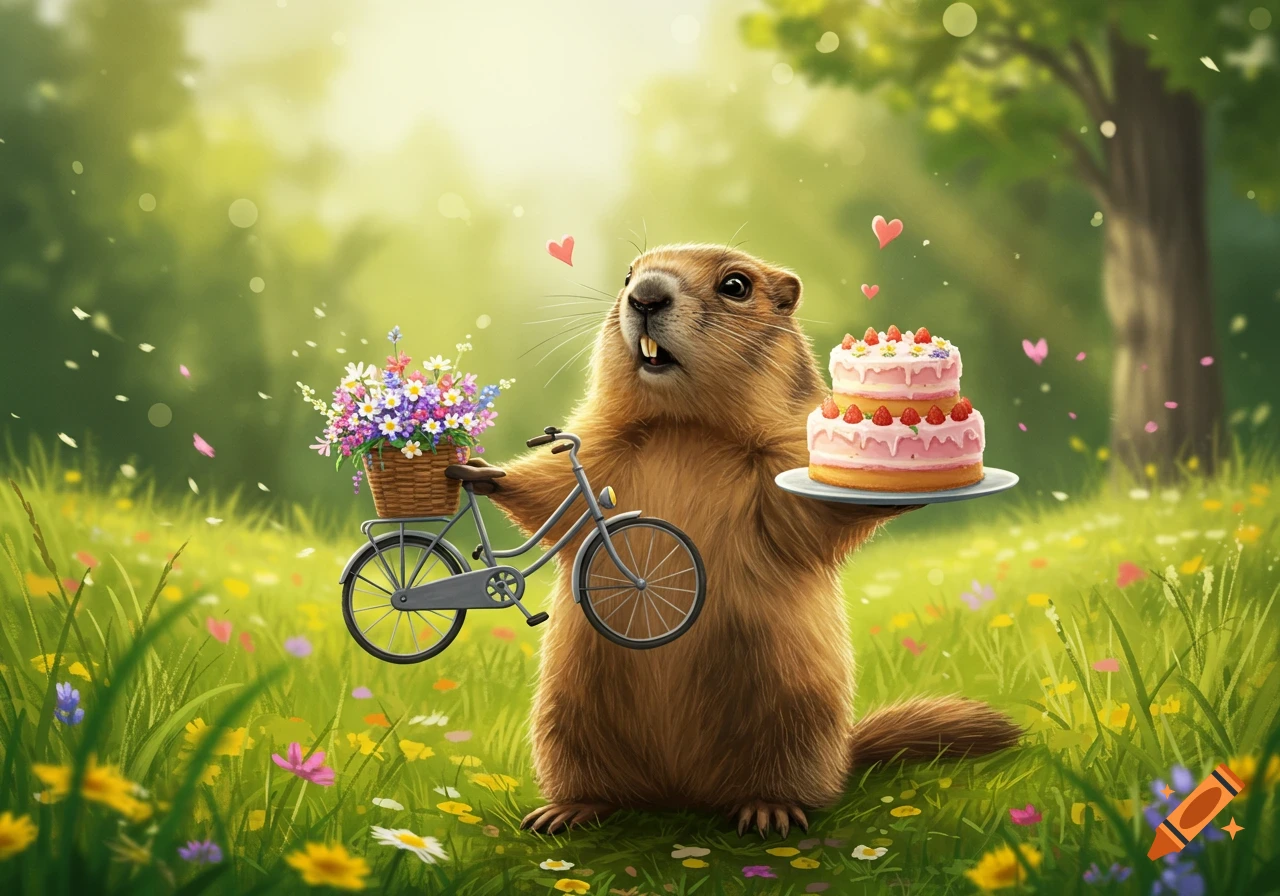 A cute brown groundhog stands in a sunny, grassy field, holding a miniature bicycle with a basket of flowers in one paw and a two-tier strawberry cake in the other.
