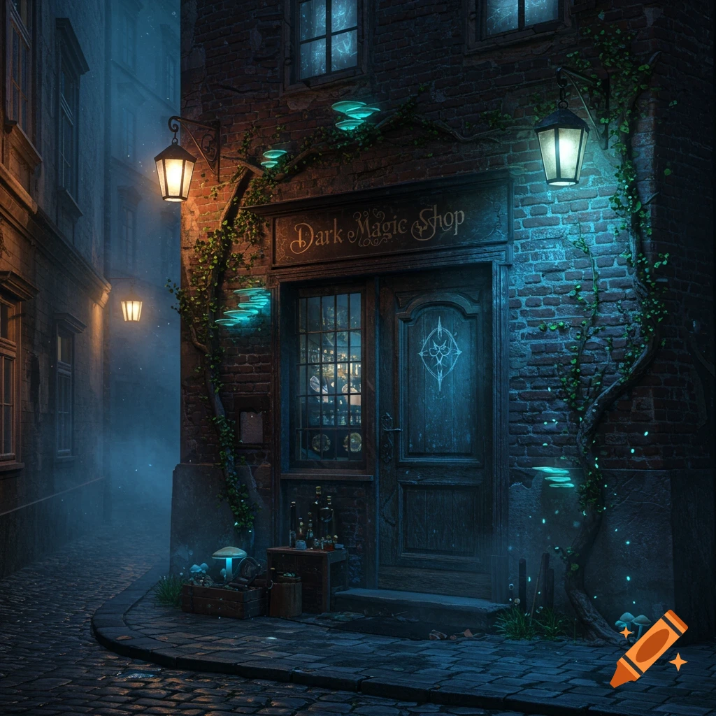A dark magic shop with glowing fungi and lanterns on a cobblestone street at night, mystical atmosphere.