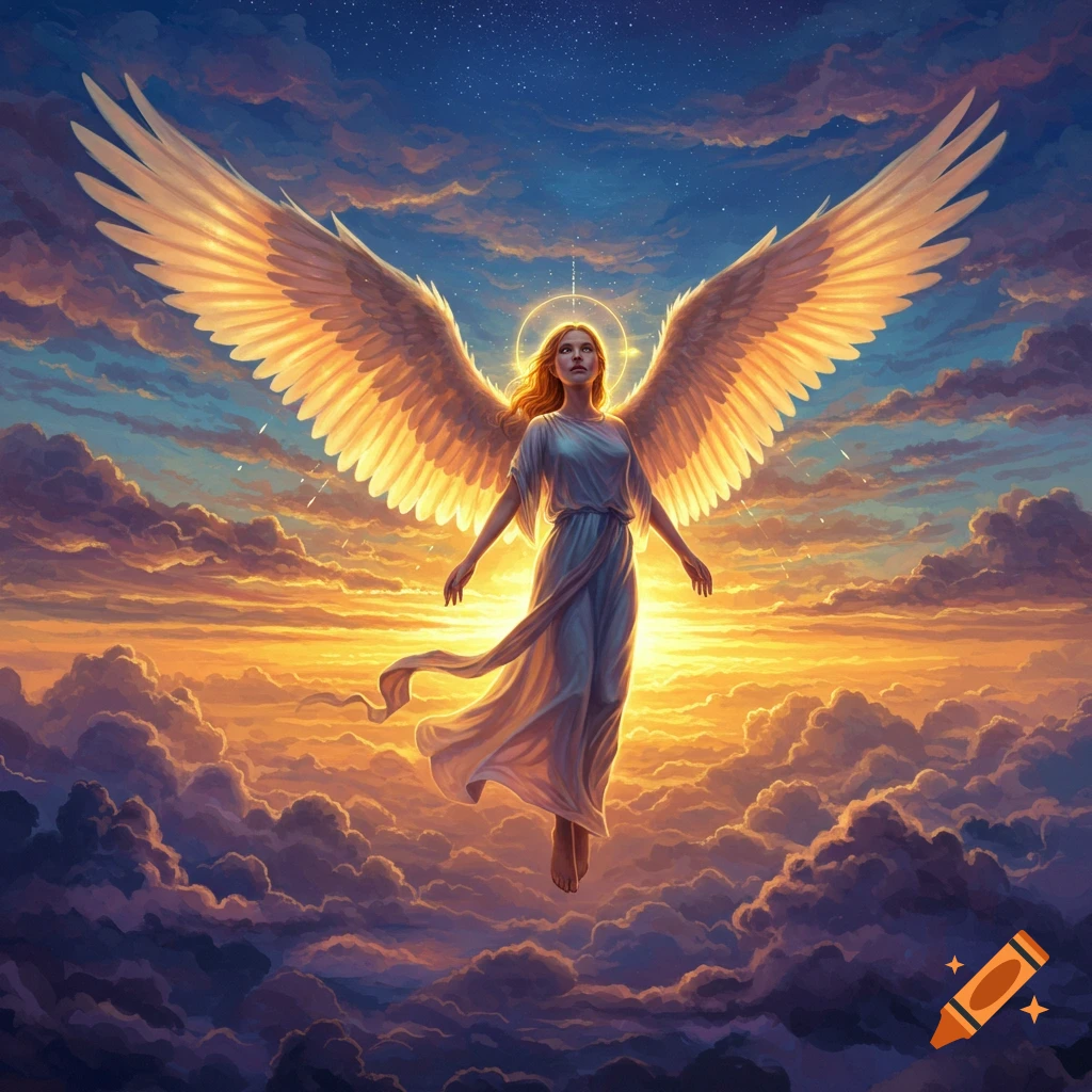 An ethereal angel with large golden wings floats among vibrant orange and blue clouds at sunset.