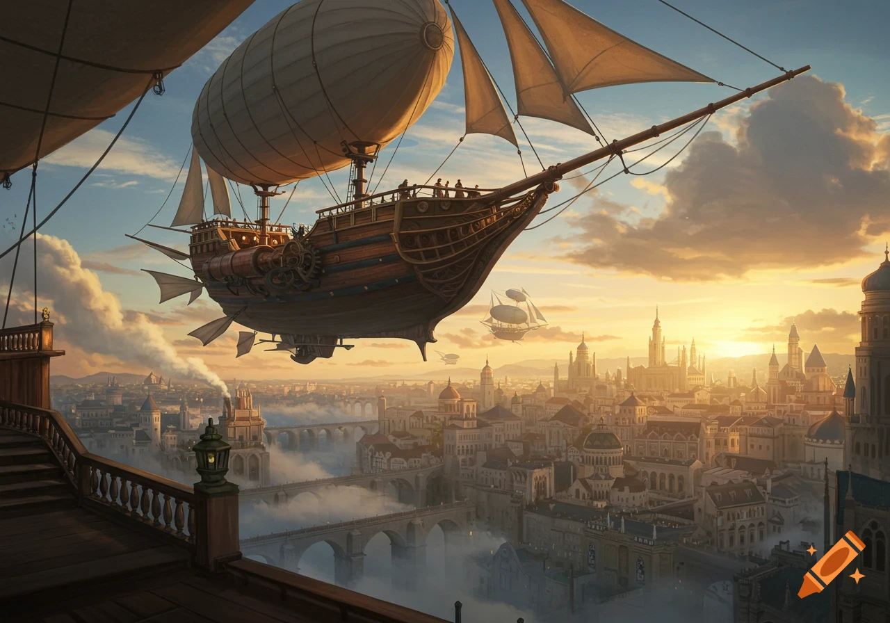 A large steampunk airship with sails floats above a sprawling city at sunset, viewed from a high balcony.
