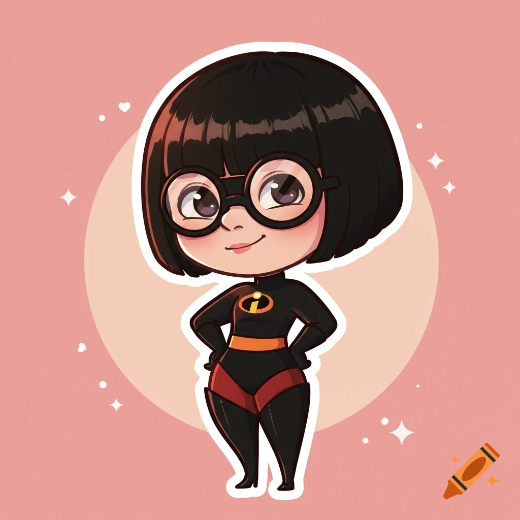 Chibi cartoon of Edna Mode from The Incredibles, wearing her black superhero suit and glasses, standing with hands on hips on a pink background.