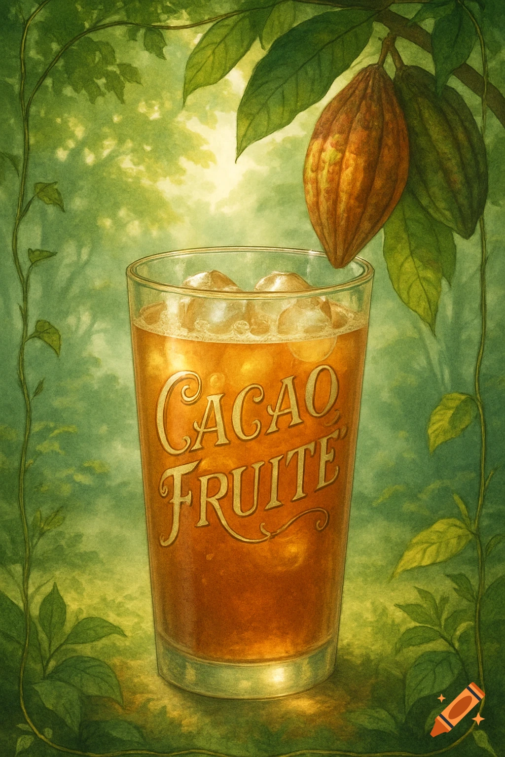 A watercolor illustration of a glass of 'CACAO FRUITÉ' with ice, set in a lush green natural environment with cacao pods.