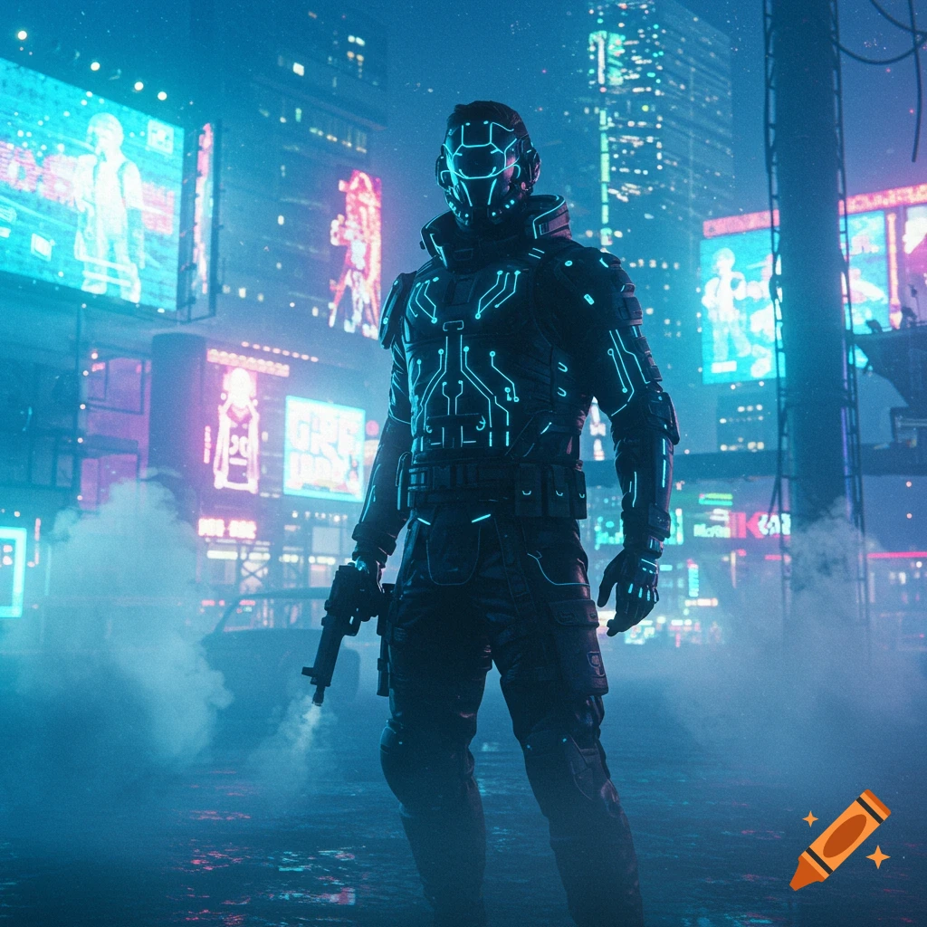 A futuristic soldier in glowing blue armor stands in a neon-lit cyberpunk city at night, holding a gun.