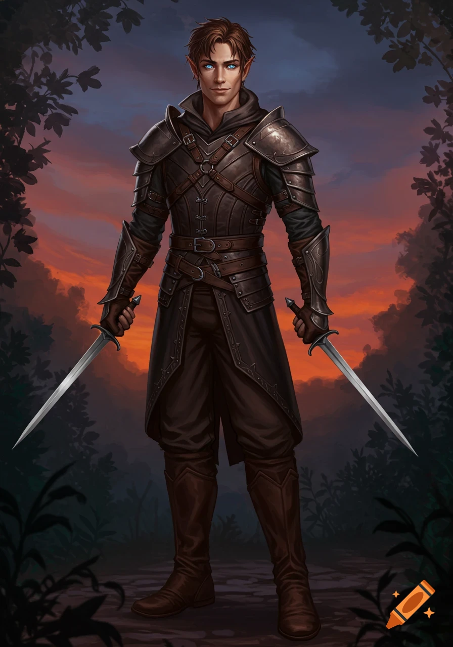 Full body portrait of an elven assassin with brown hair, blue eyes, in studded leather armor, holding two swords at dusk.