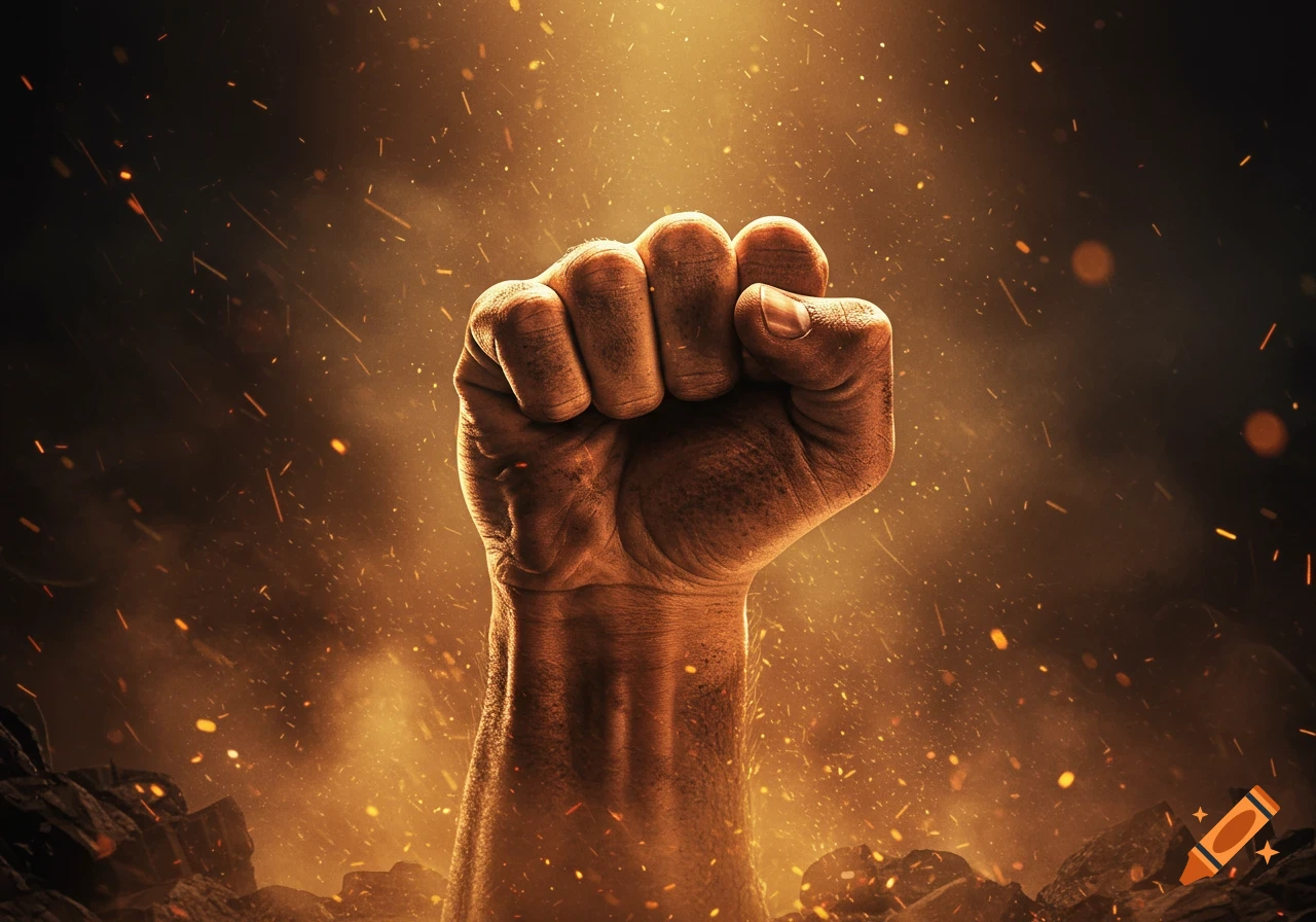A powerful, photorealistic clenched fist illuminated by golden light and flying sparks against a dark, smoky background.