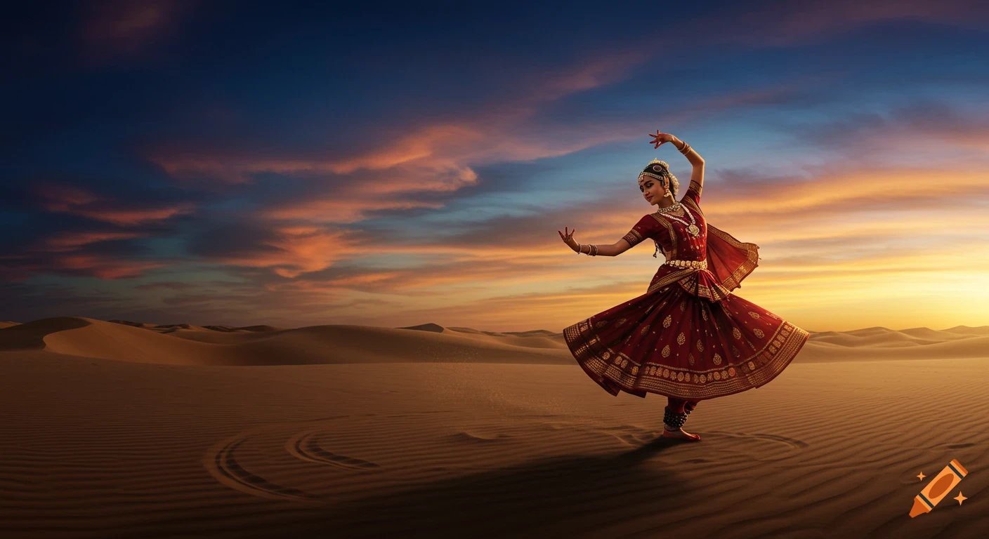 A Kathak dancer in a red and gold costume poses gracefully in a vast desert landscape at sunset, with a vibrant sky.