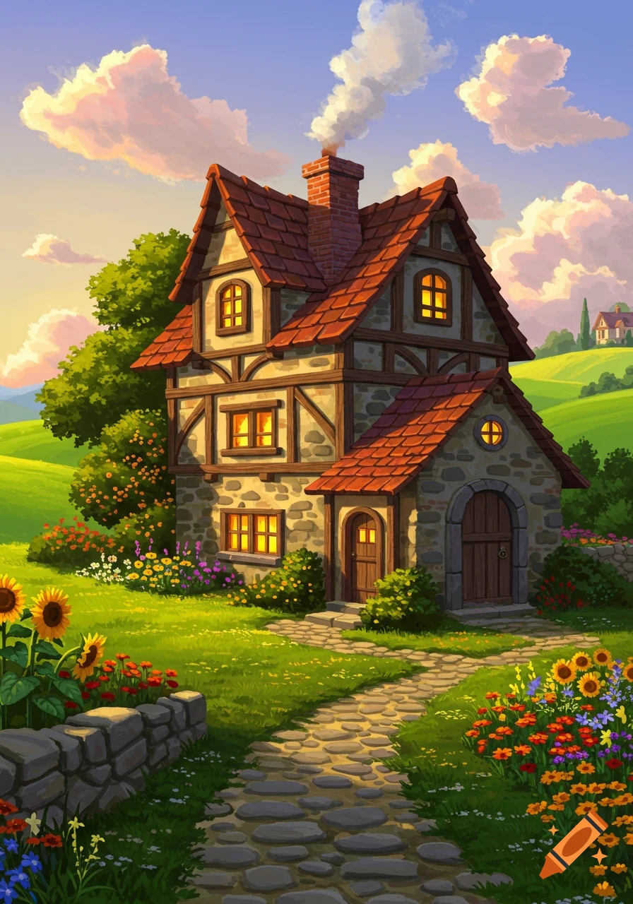 A charming, brightly lit cottage with a red roof, stone path, and colorful wildflowers under a sunny sky in a lush green landscape illustration.