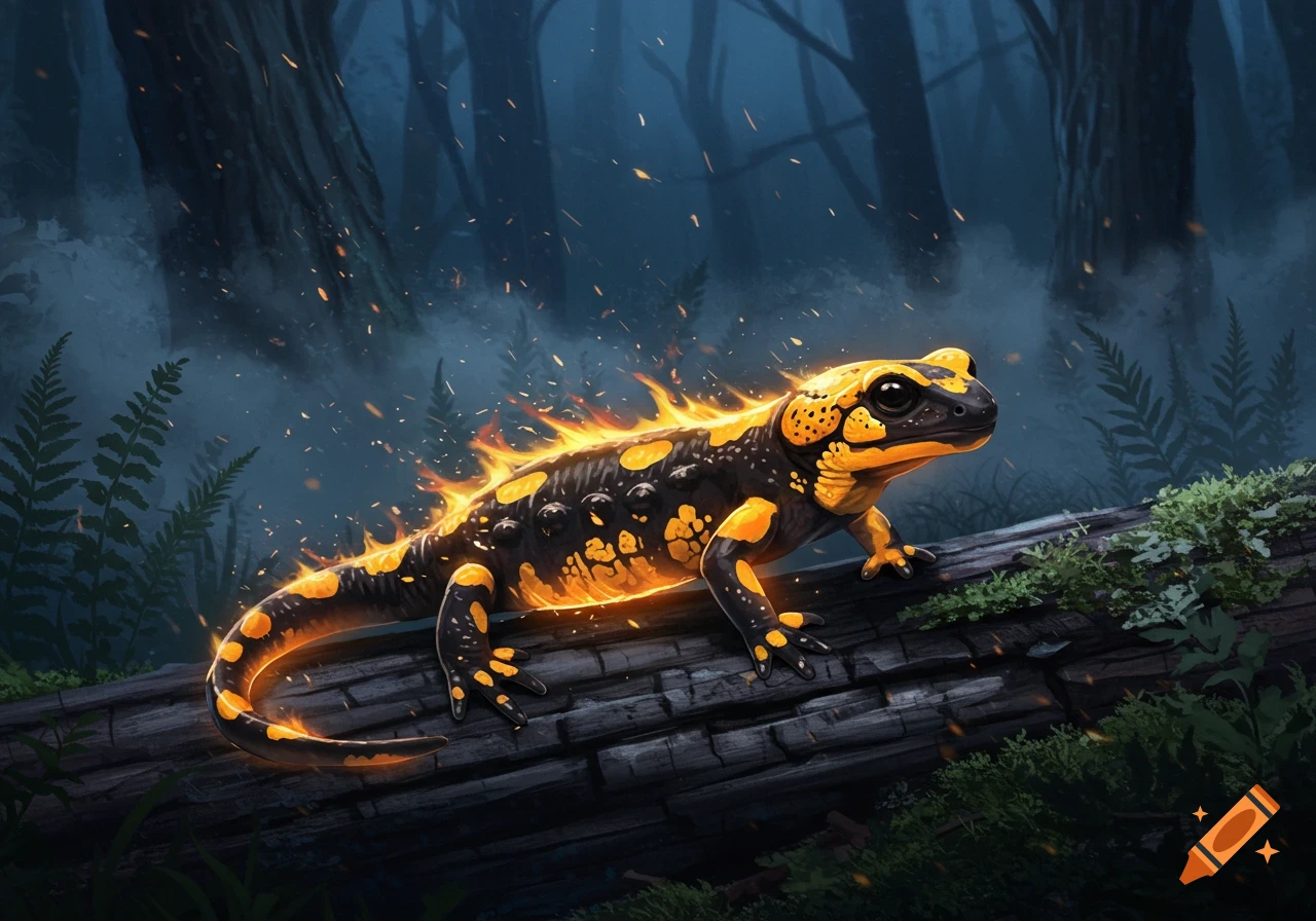 A vibrant black and yellow salamander with flames across its back sits on a fallen log in a dark, misty forest, digital painting style.
