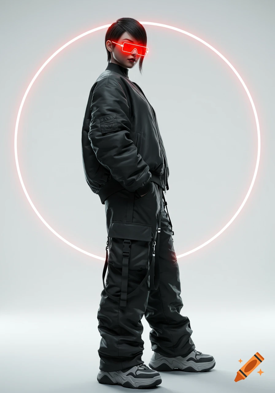 A full-body shot of a girl in futuristic black streetwear with red glowing rectangular sunglasses, standing against a white background with a neon red circle.