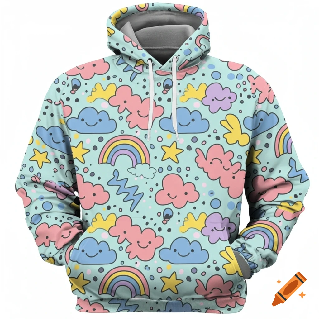 A light blue hoodie with a vibrant, cute cartoon pattern of smiling clouds, rainbows, stars, and lightning bolts.