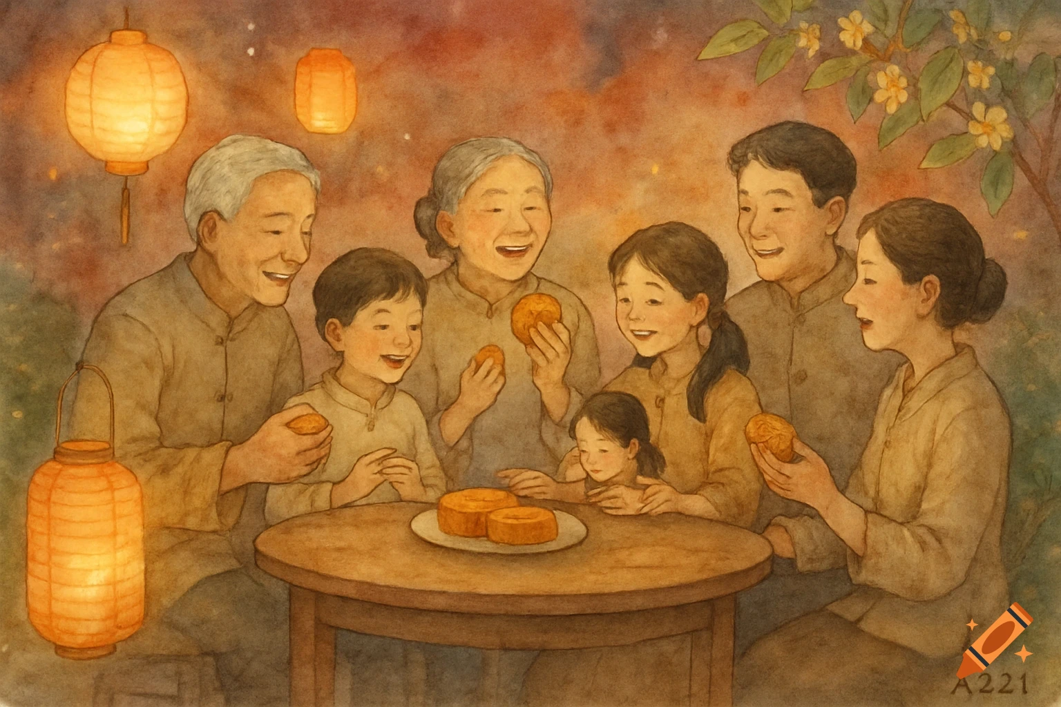 A multi-generational Asian family sits around a table sharing mooncakes, with glowing lanterns in a warm watercolor illustration.