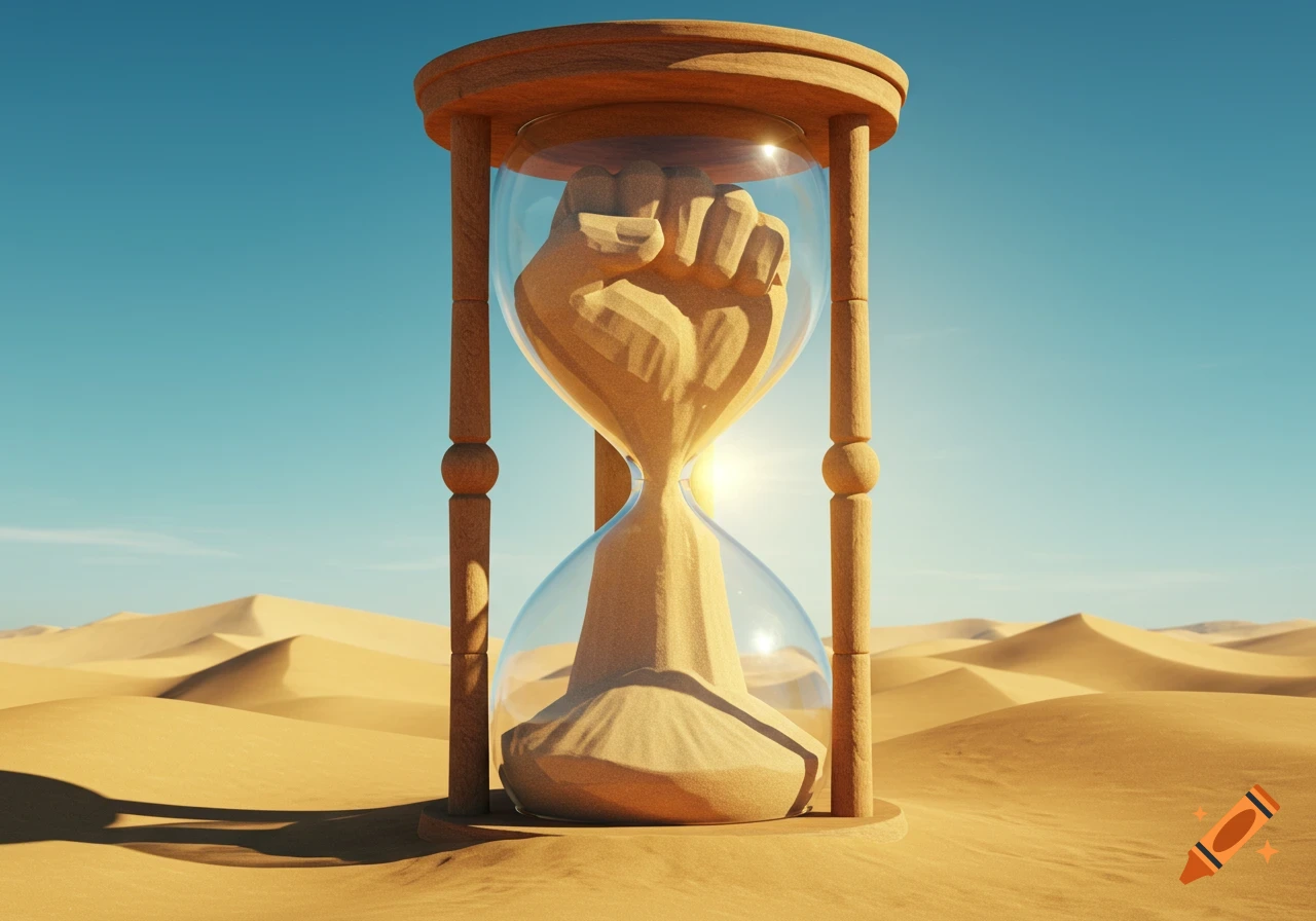 A large hourglass stands in a vast desert, with sand forming a raised fist inside the glass, under a clear blue sky.