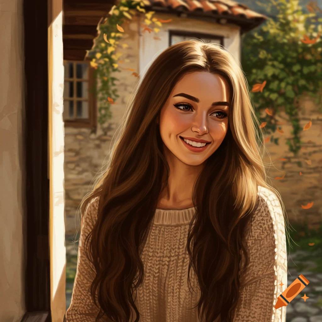 Smiling young woman with long brown hair in a cream sweater, against a rustic building with autumn leaves, illustration.