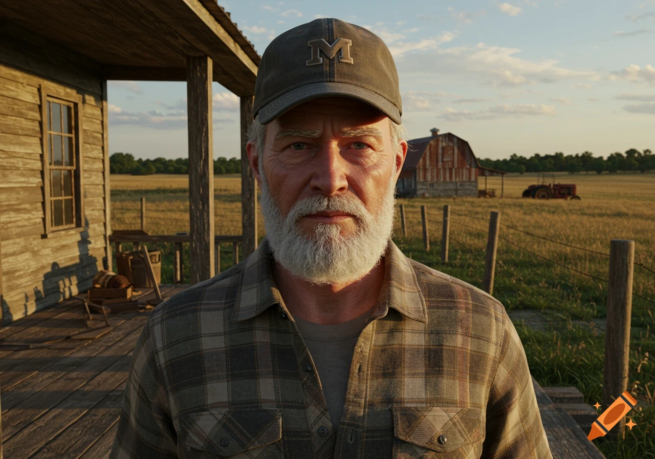 Older man with a white beard and 'M' baseball cap stands on a rustic porch with a barn and field in the background.