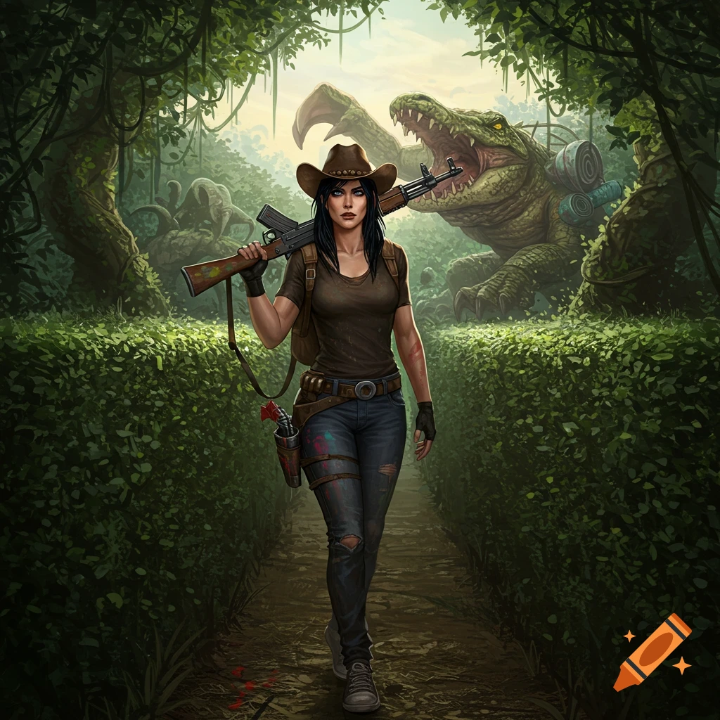 A woman in a cowboy hat, ripped jeans, and rifle walks through a jungle hedge maze, a giant gator monster behind her. Digital art.