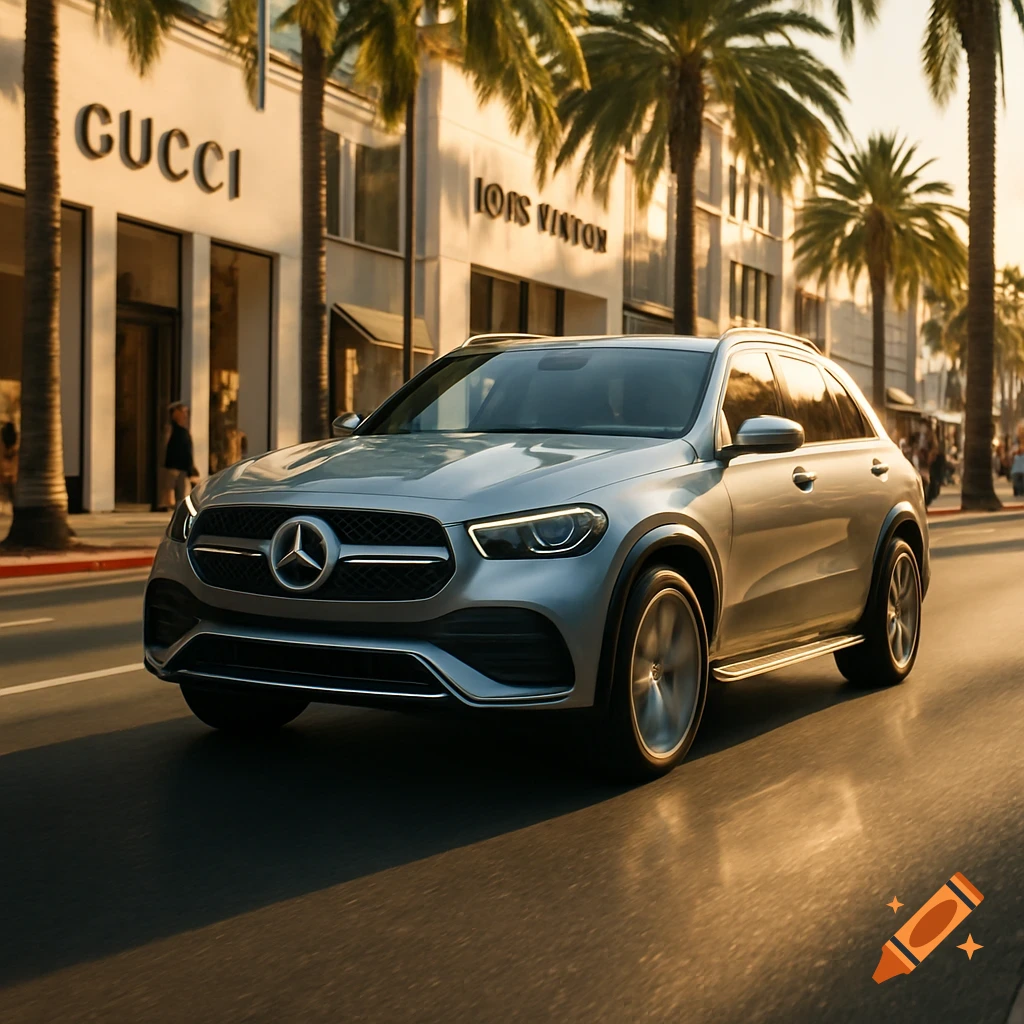 A silver Mercedes-Benz SUV drives down a sunny street lined with palm trees and luxury stores like Gucci.