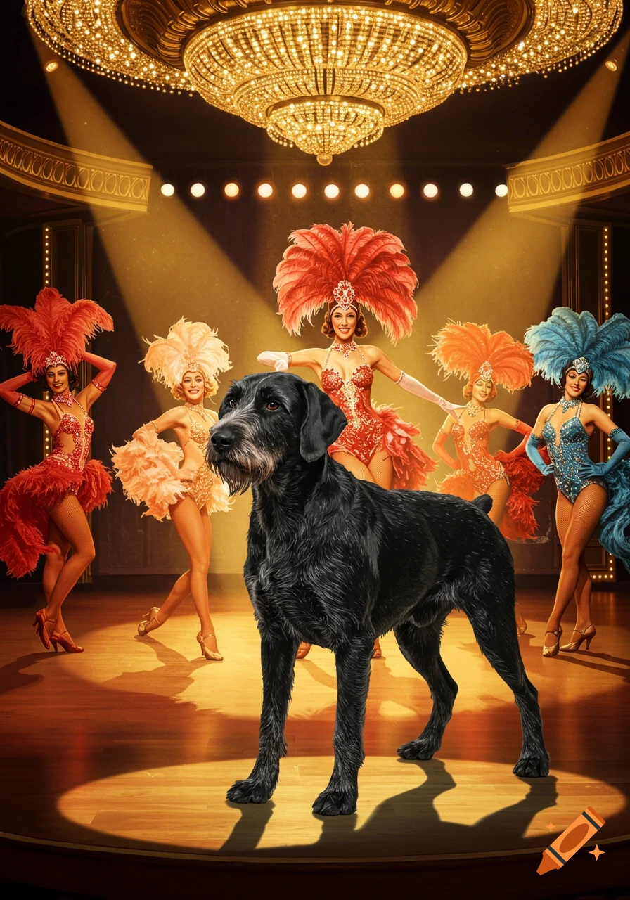 A black German Wirehaired Pointer stands on a spotlit stage in front of five showgirls in feathered costumes.