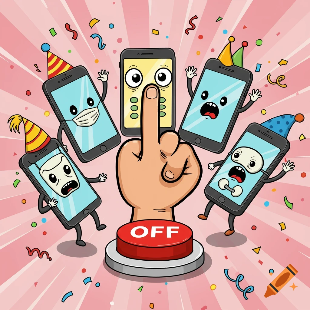 Cartoon hand giving a middle finger gesture, pressing a red 'OFF' button while surrounded by alarmed smartphones in party hats and confetti.