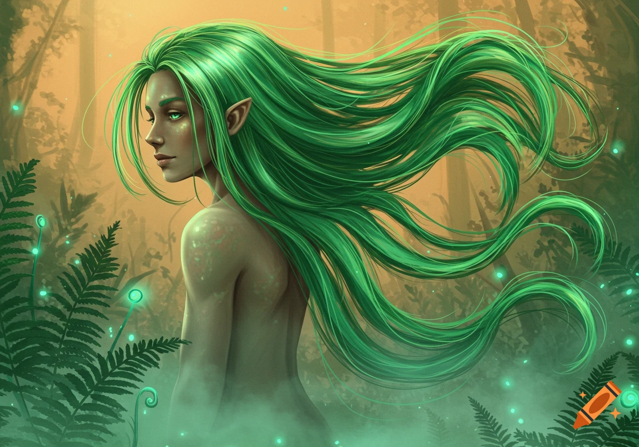 A bare-shouldered elf-like woman with long, flowing green hair and pointed ears looks left in a magical, misty forest with glowing plants.