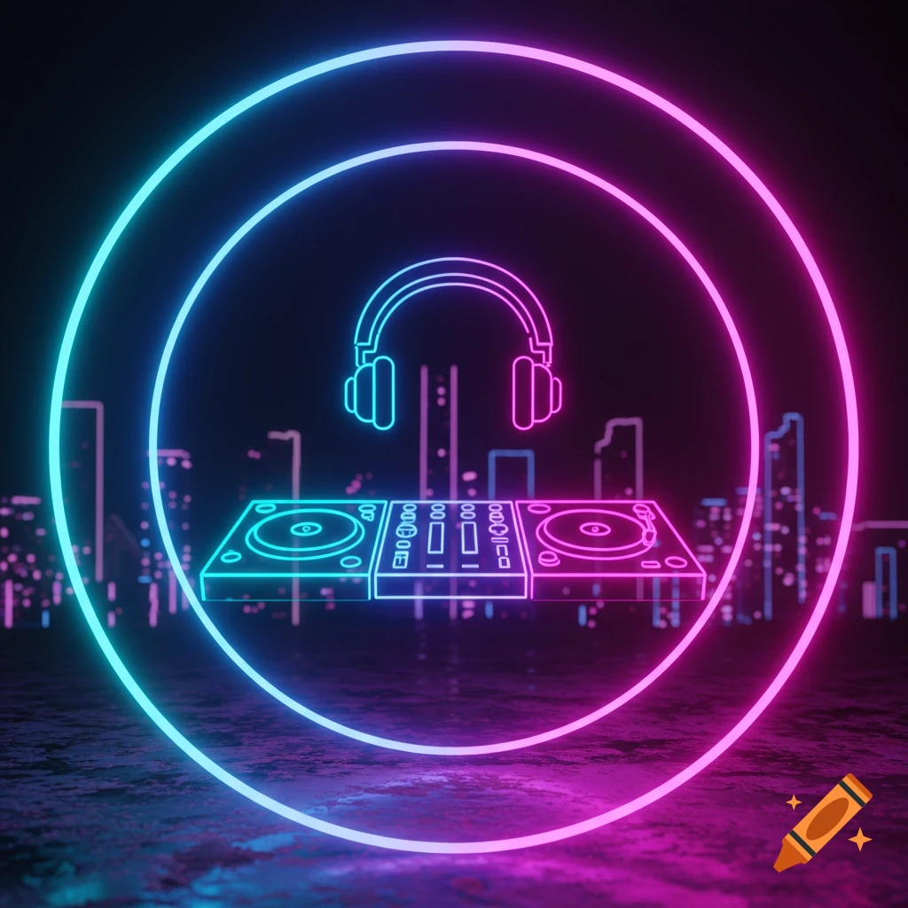 Digital art of neon DJ turntables and headphones inside glowing blue and pink rings against a dark, blurred cityscape.