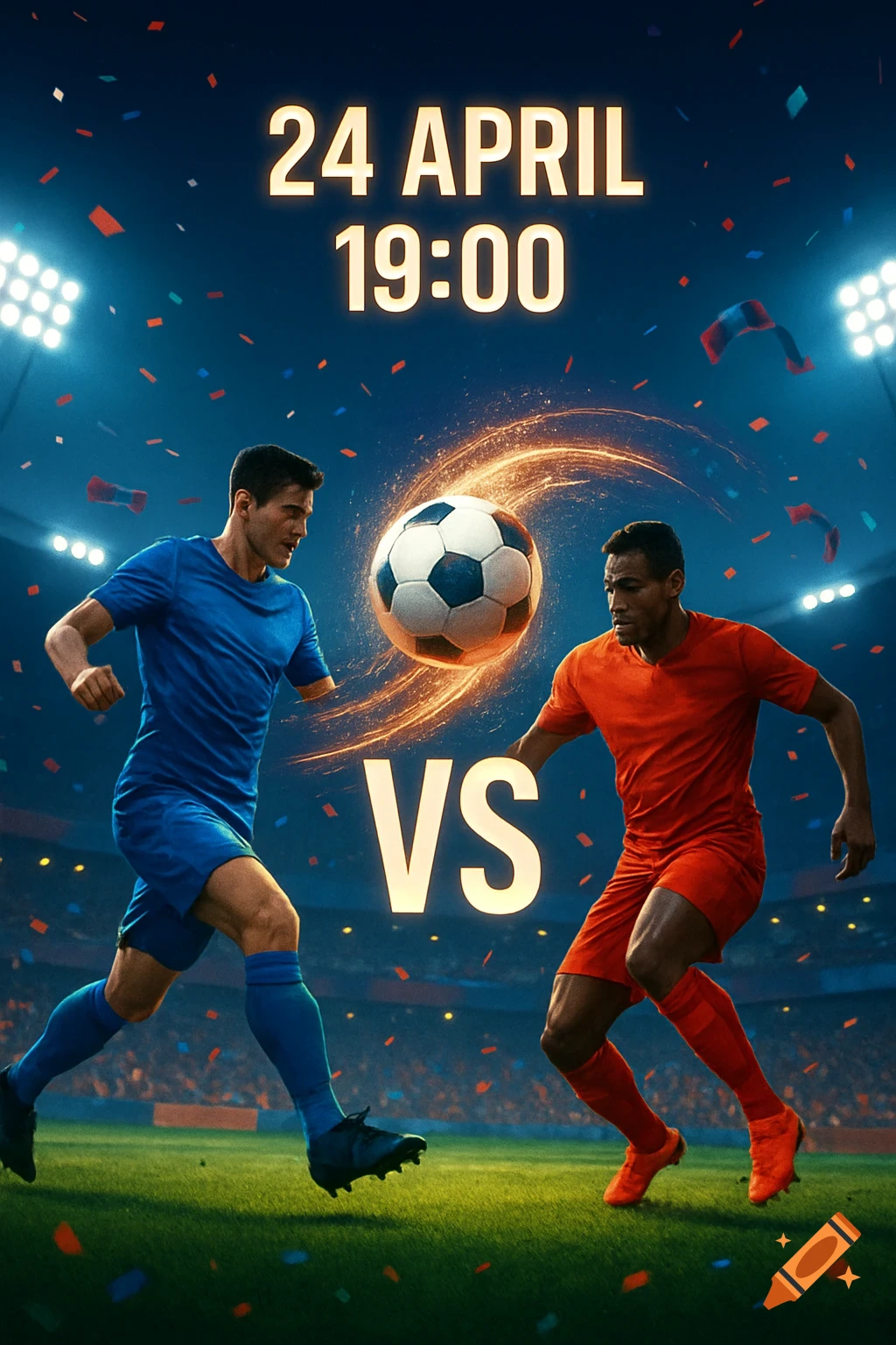 Vibrant soccer match poster with two players, a glowing ball, stadium, and '24 APRIL 19:00 VS' text.