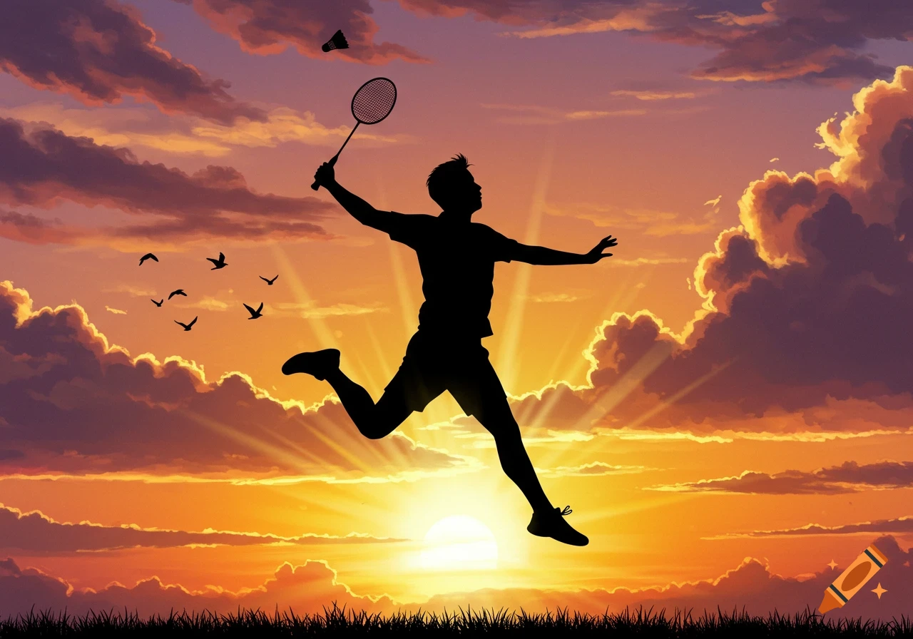 Silhouette of a badminton player jumping to hit a shuttlecock against a vibrant sunset sky with birds.