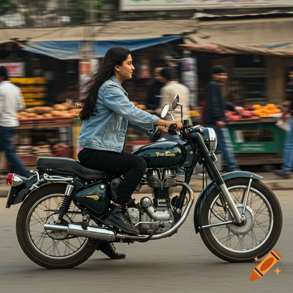 A young woman with long dark hair rides a dark green Royal Enfield motorcycle on a city street.