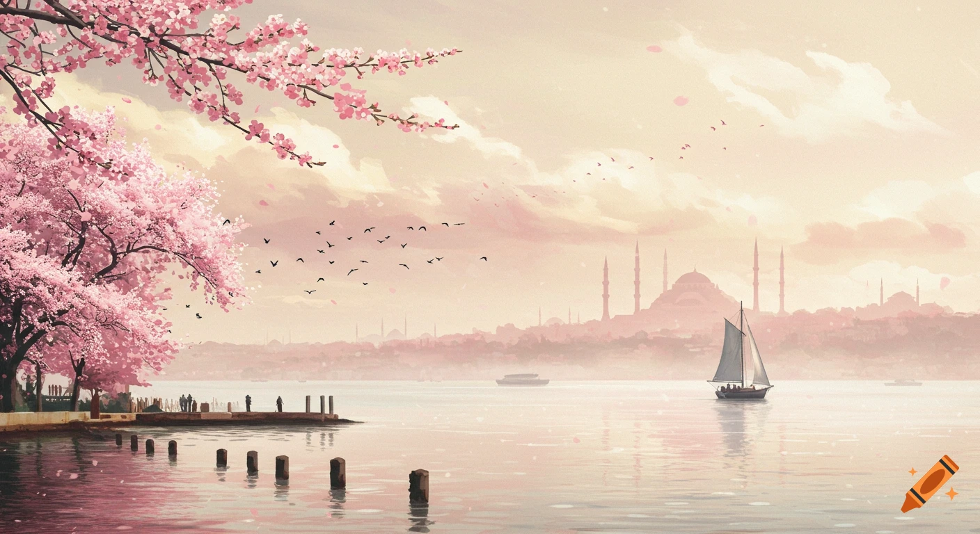 Illustrative scene of pink cherry blossoms over tranquil water, with a sailboat and distant Istanbul cityscape under a soft sky.