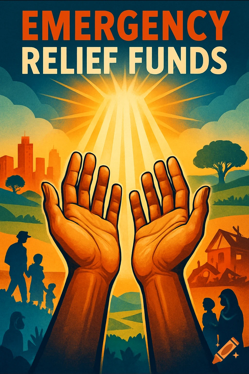 Stylized poster with hands reaching towards a bright light, 'EMERGENCY RELIEF FUNDS' text, and background silhouettes of people and landscapes.