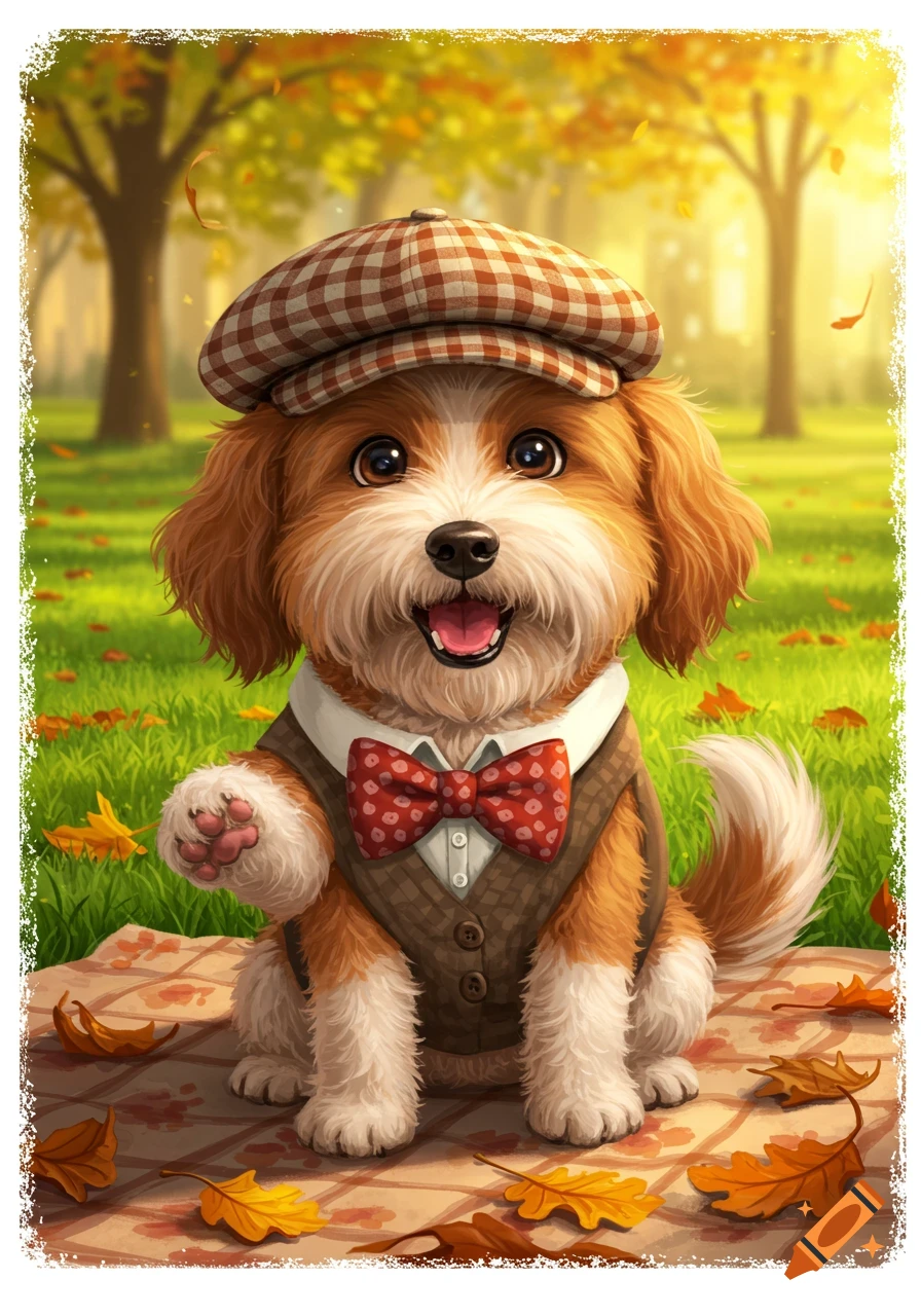 Illustrated cute dog in a plaid cap and vest with a red bow tie, sitting on a picnic blanket in an autumn park, waving a paw.