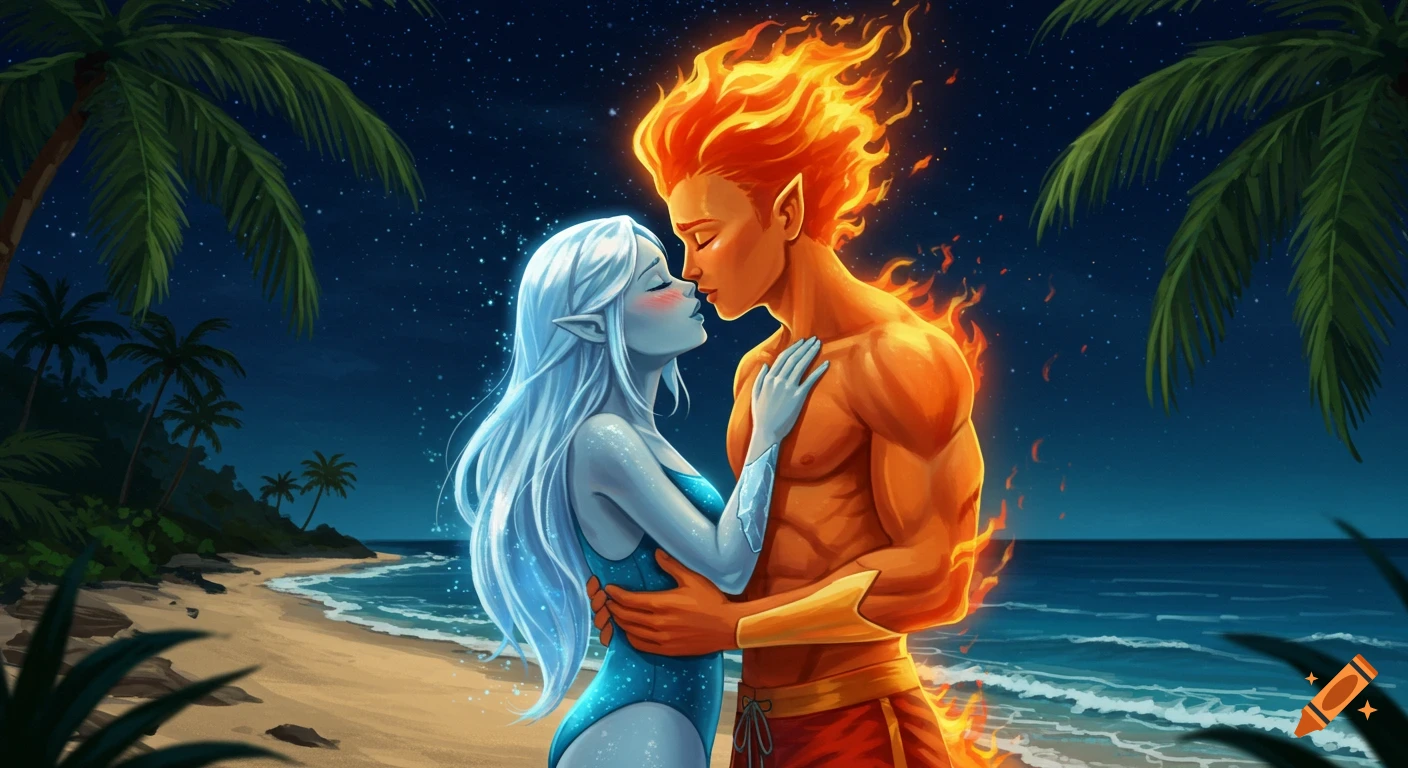A cartoon fire man and ice woman embrace on a starry beach, about to kiss.