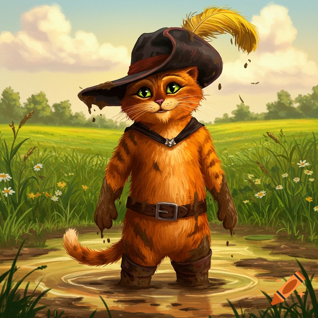 Puss in Boots, a cartoon cat in a hat and boots, stands in a mud puddle in a green field, covered in mud.