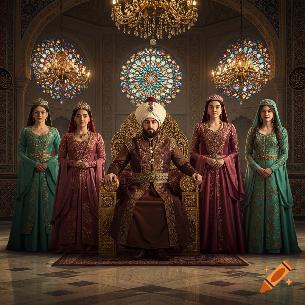 A man in a turban sits on an ornate golden throne, flanked by four women in richly embroidered traditional dresses, within a grand hall.